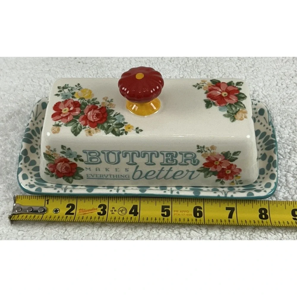 Pioneer Woman Single Stick Butter Dish Vintage Floral Stoneware Teal Red Ivory